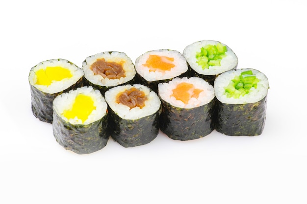 Sushi maki set on white surface