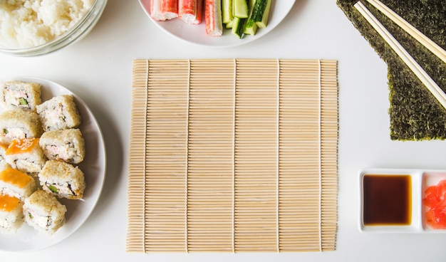 Sushi mat with ingredients