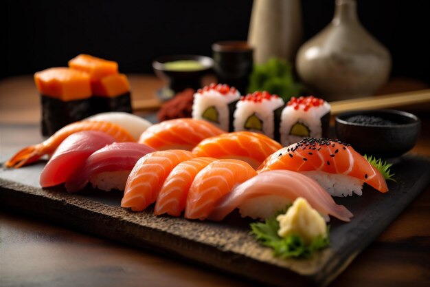 Sushi meal seafood roll fish japanese rice food set japan generative ai