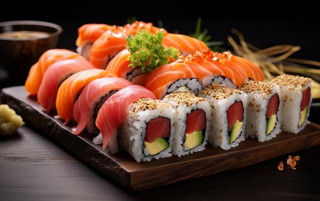 Sushi Medley op zwarte achtergrond Generatieve AI