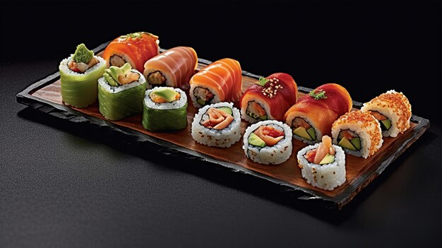 Sushi menu Roll with salmon avocado cucumber Japanese food Created with Generative AI