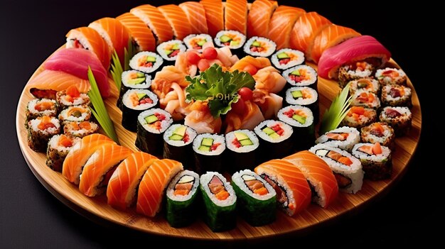 Фото Суши-меню ролл с лососем, авокадо, огурцом, японской едой