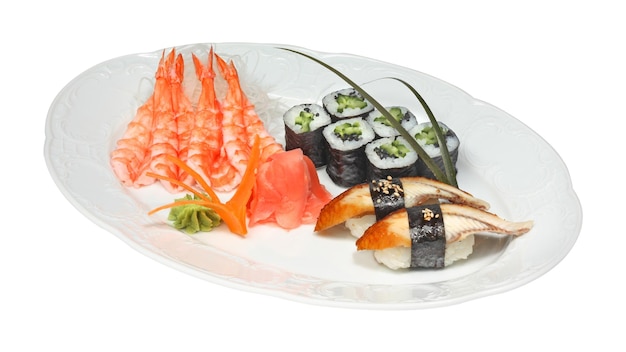 Foto sushi met paling en rolletjes met komkommer en nori