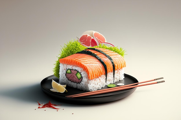 Sushi met zalm, tonijn en rijst tegen een effen achtergrond