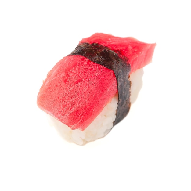 Sushi nigiri with tuna. On white background. Isolated. Close-up.