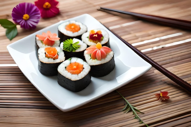 Sushi op een bord met bloemen op tafel