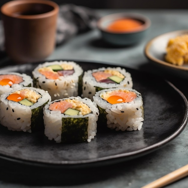 Sushi op een bord met stokjes