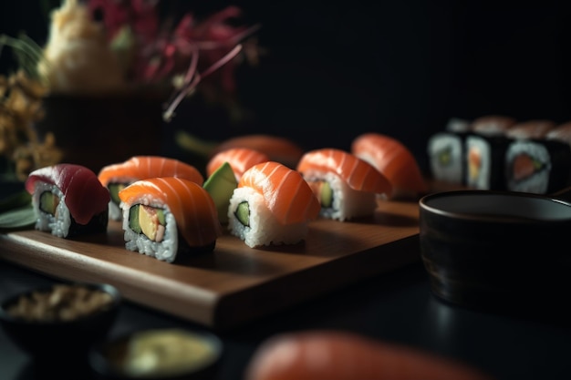 Sushi op een houten dienblad met een zwarte achtergrond