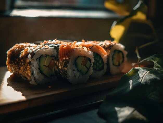 Sushi op een houten tafel met een groen blad op de achtergrond