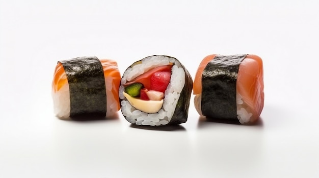 Sushi op een witte achtergrond met het woord sushi bovenaan