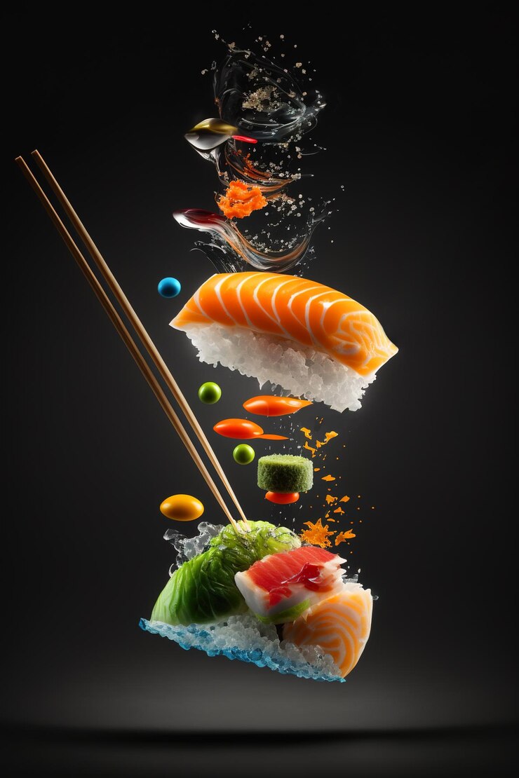 Photo sushi pieces flying in air japanese food on black background generative ai