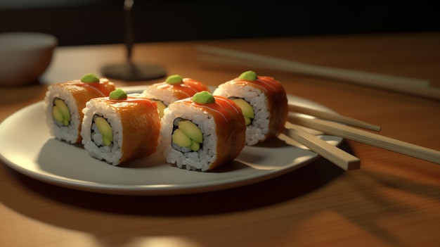 sushi pieces with chopsticks macro lens realistic lighting