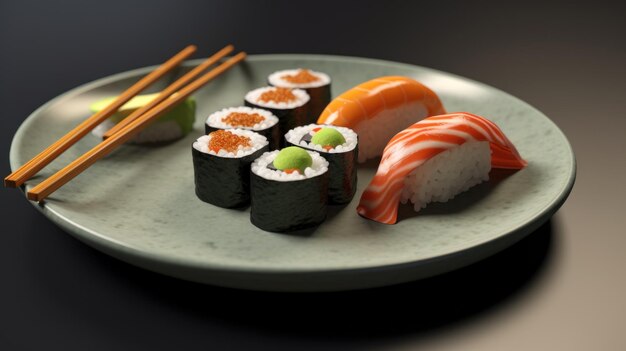 sushi pieces with chopsticks macro lens realistic lighting