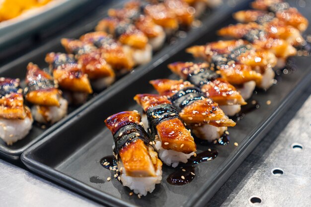 Sushi placed in a tray, Japanese restaurant