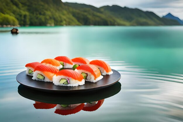 Sushi on a plate in the water