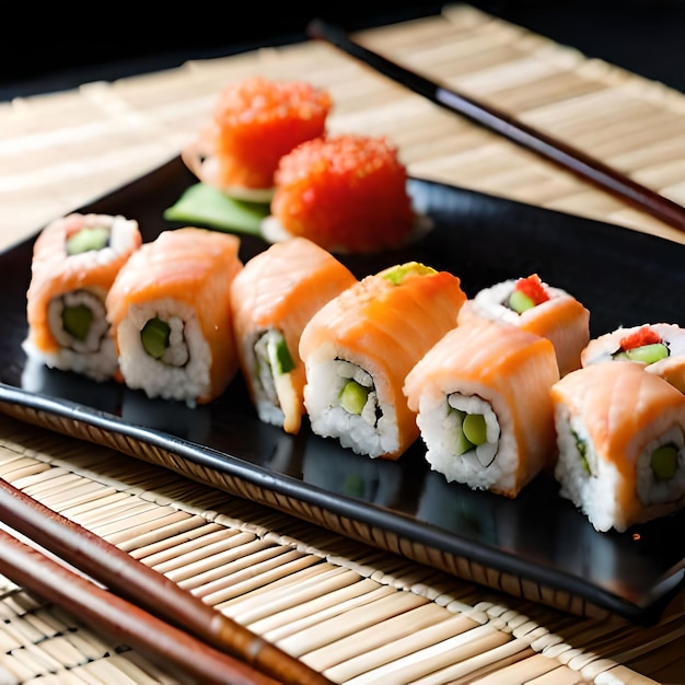 Суши на тарелке с палочками для еды и тарелка со словом суши.