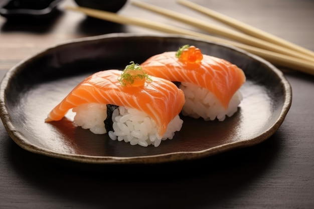 Sushi on a plate with a chopsticks on the side