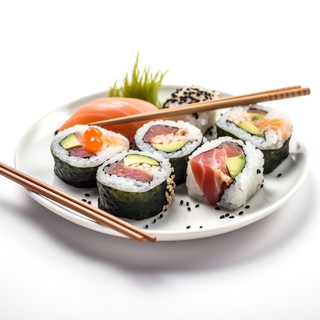 Sushi on a plate with chopsticks