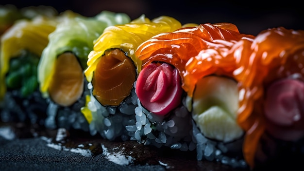 さまざまな色の食べ物が乗った寿司皿
