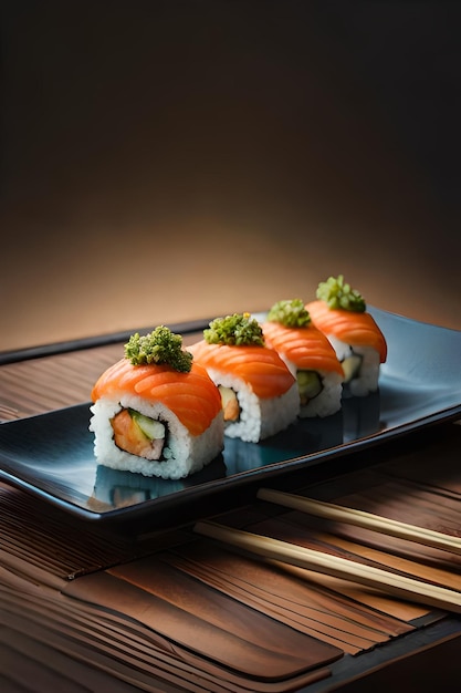 Sushi on a plate with a green leaf on top