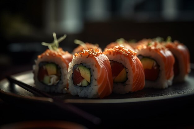 Sushi on a plate with a light on it