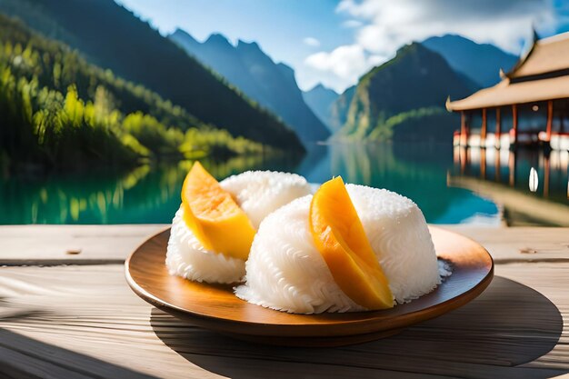 Sushi on a plate with mountains in the background