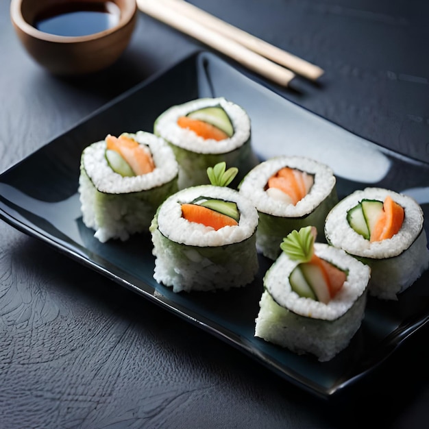 Sushi on a plate with a soy sauce in the background