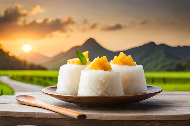 Photo sushi on a plate with a sunset in the background