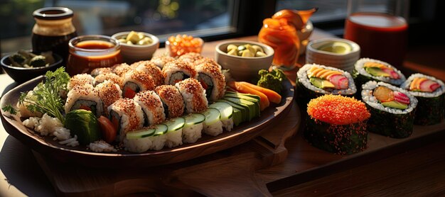Foto piatto di sushi involtini di sushi assortiti con pesce fresco, avocado, cetrioli e riso serviti con salsa di soia e wasabi