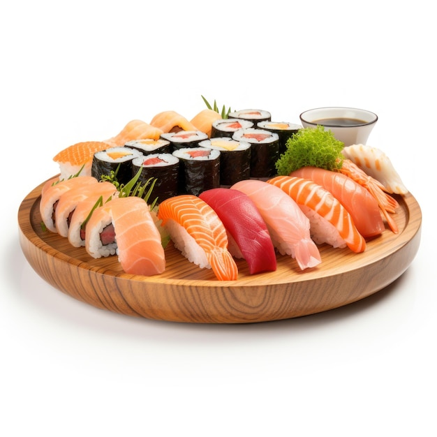 Sushi platter Assorted sushi rolls and sashimi on a platter isolated