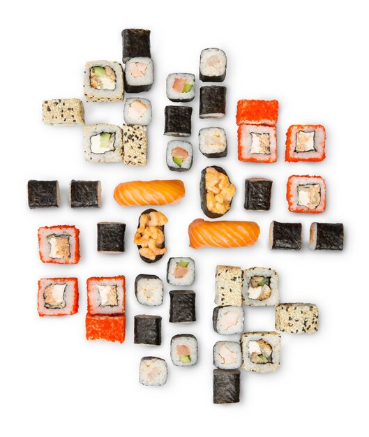 Sushi platter isolated on white background. Japanese food restaurant delivery - maki, salmon and caviar california rolls big party set, top view