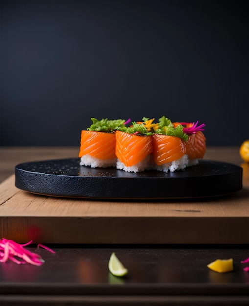 A sushi platter with a flower on it