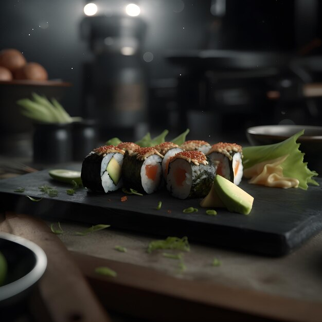 A sushi platter with a green leaf on it