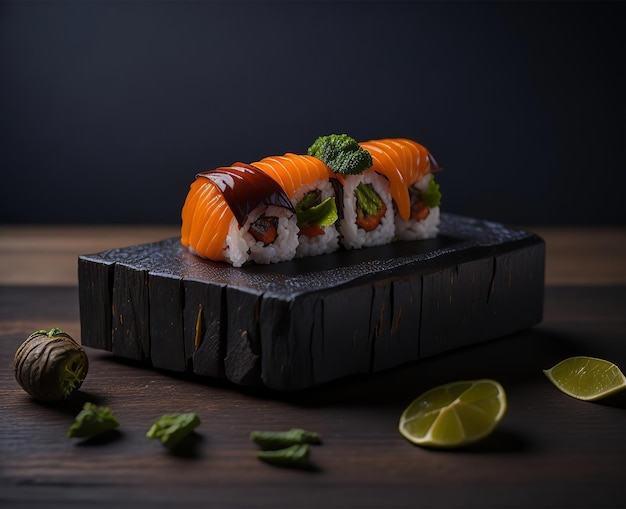 A sushi platter with a green leaf on top