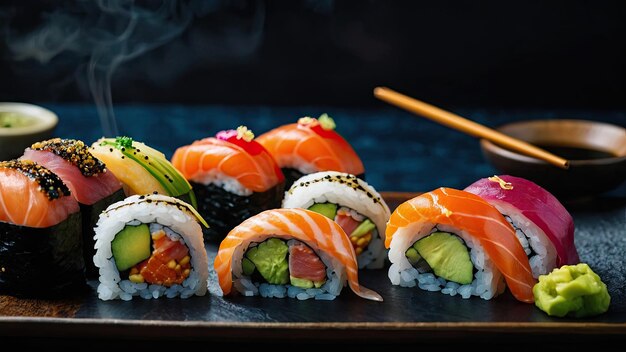 A sushi platter with a mix of traditional and avantgarde rolls