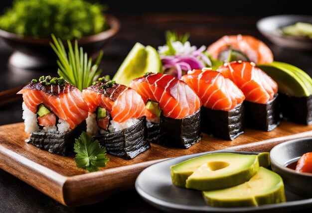 A sushi platter with tuna salmon eel and avocado