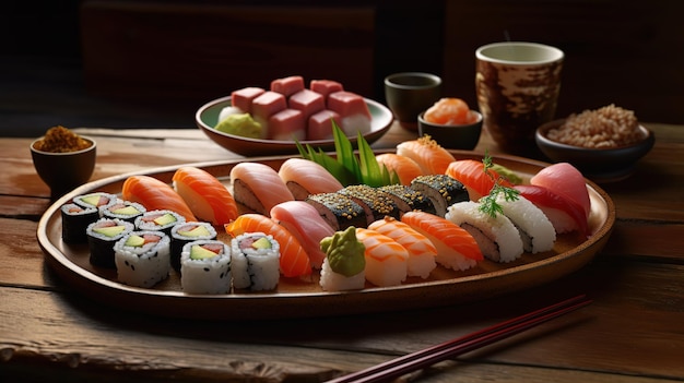 A sushi platter with a variety of colorful and intricately crafted sushi rolls