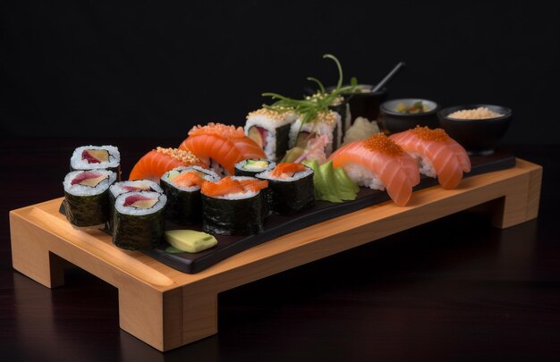 A sushi platter with a variety of different types of sushi.