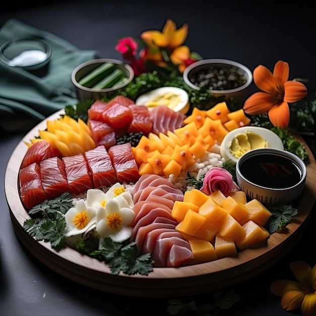 Sushi platter with a variety of fish and fruit