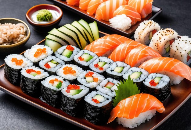 A sushi platter with a variety of rolls Generative AI