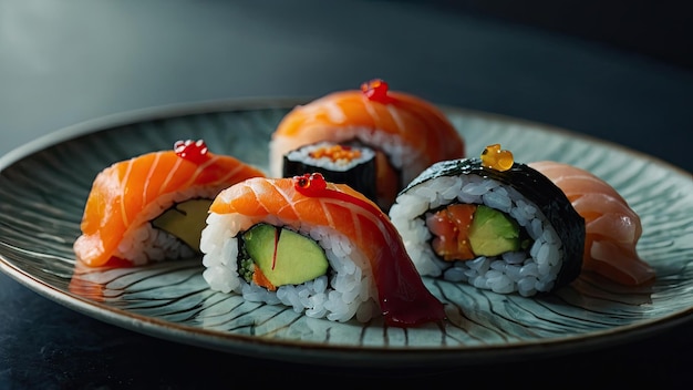 Sushi presented on a modern abstract plate