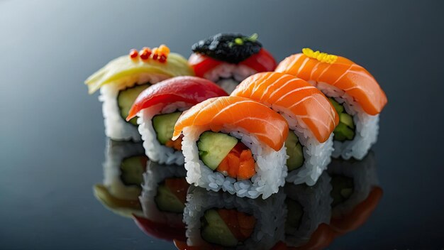 Sushi presented on a reflective surface with decorative elements