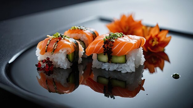 Sushi presented on a reflective surface with decorative elements