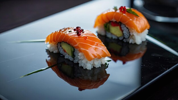 Sushi presented on a reflective surface with decorative elements