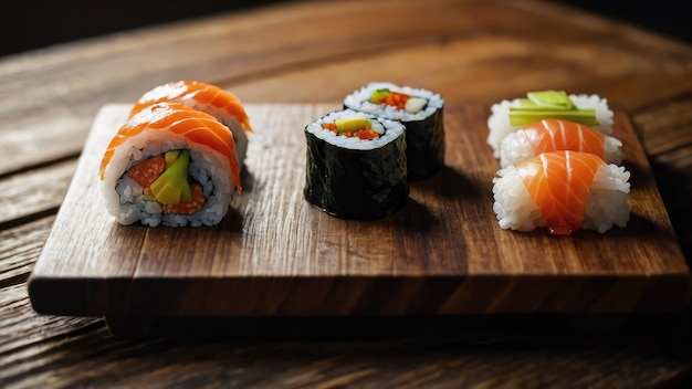 Sushi presented on a rustic wooden serving board with chopsticks