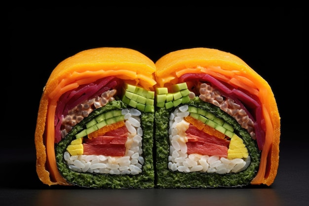 Sushi roll cut in half revealing colorful filling