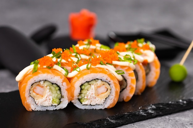 Sushi roll on dark background Japanese and asian food concept