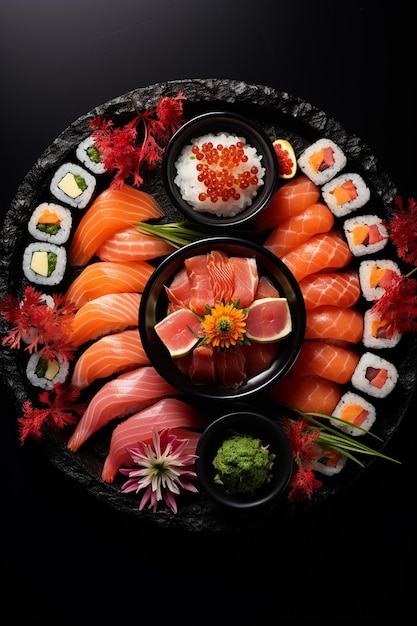 黒い背景の寿司ロール 日本とアジアの食事コンセプト