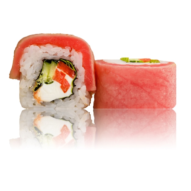 Sushi roll isolated with reflection.