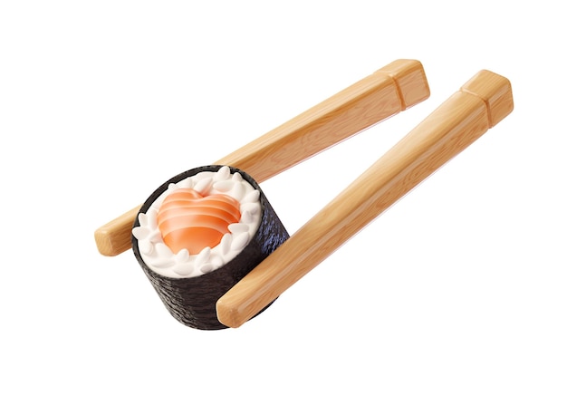 Foto sushi roll met hartvormige zalm tussen twee eetstokjes japans restaurant aziatische voedsel bezorging